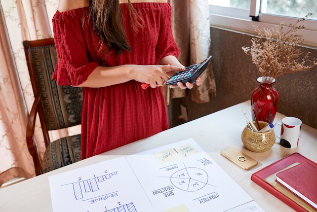 Mujer de negocios calculando ingresos