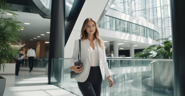 Una mujer de negocios camina con confianza por el vestíbulo de la oficina.