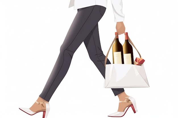 Mujer de negocios caminando con una bolsa de compras llena de botellas de vino Ilustración plana