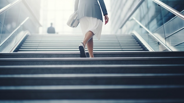 mujer de negocios caminando por las escaleras técnica mixta