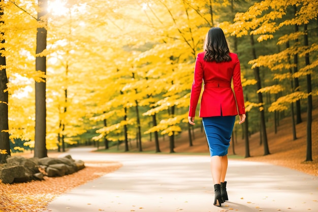 Mujer de negocios caminando en el parque de otoño vista trasera IA generativa