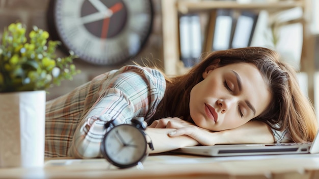 Una mujer de negocios cansada durmiendo en una computadora portátil con un reloj en el fondo