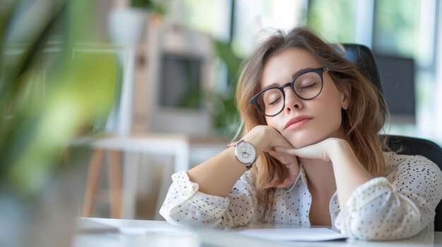 Foto mujer de negocios cansada, somnolienta y aburrida por sentarse en un escritorio durante mucho tiempo y tiene síndrome de oficina.