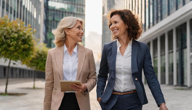 Mujer de negocios caucásica de mediana edad y mujer adulta compañeros de trabajo socios hombre de negocios formal co