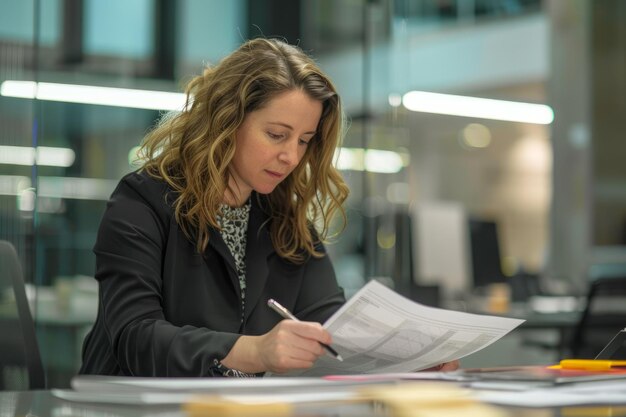 Una mujer de negocios caucásica revisando meticulosamente informes de proyectos y gráficos en una oficina moderna