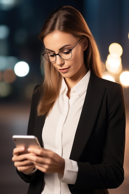 Mujer de negocios caucásica con un traje formal y gafas con un teléfono inteligente