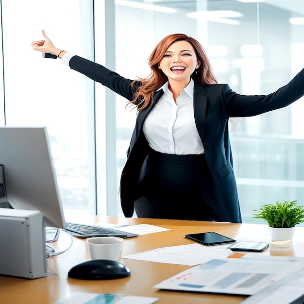 Mujer de negocios celebra un acuerdo exitoso en la oficina