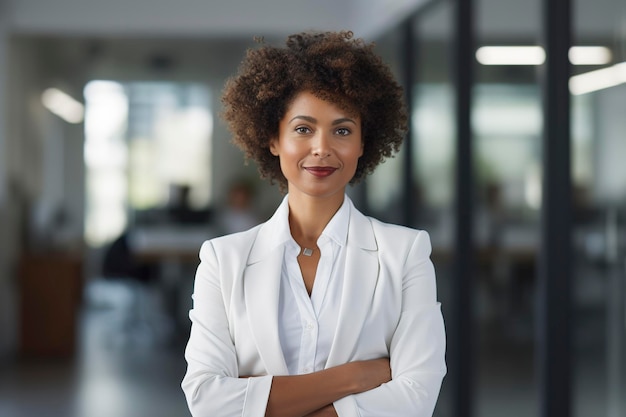 mujer de negocios, ceo, posición, en, oficina, armamentos cruzaron, postura