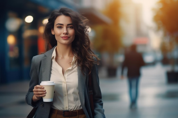 mujer de negocios cerca de un centro de negocios con un vaso de café en sus manos