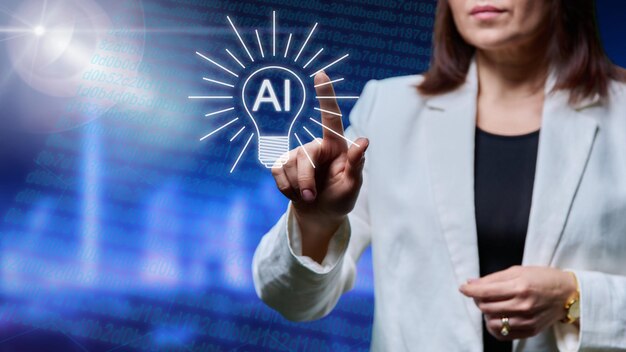 Mujer de negocios cerca de una pantalla virtual haciendo clic en la función de inteligencia artificial