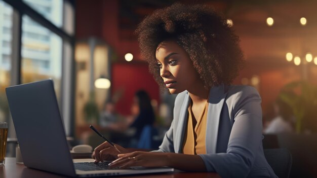 mujer de negocios, con, computador portatil