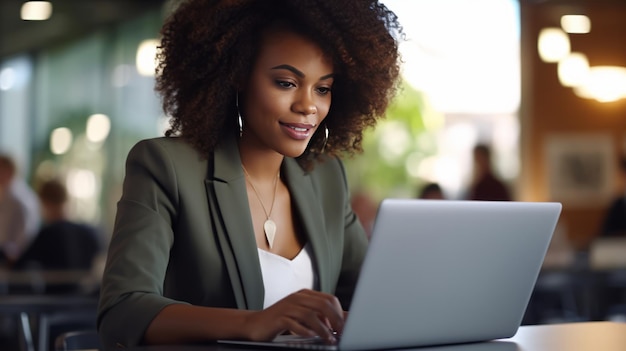 mujer de negocios, con, computador portatil