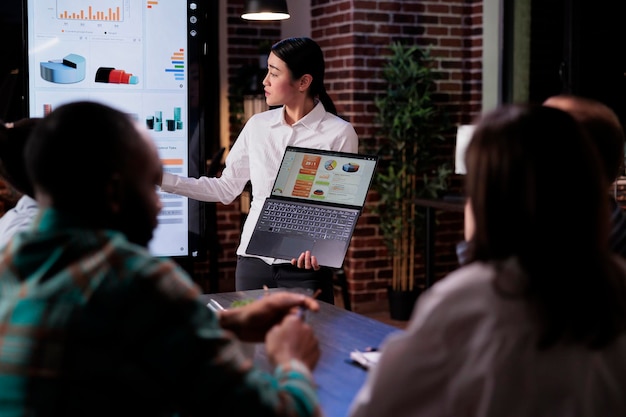 Mujer de negocios con una computadora portátil explicando el gráfico en la oficina