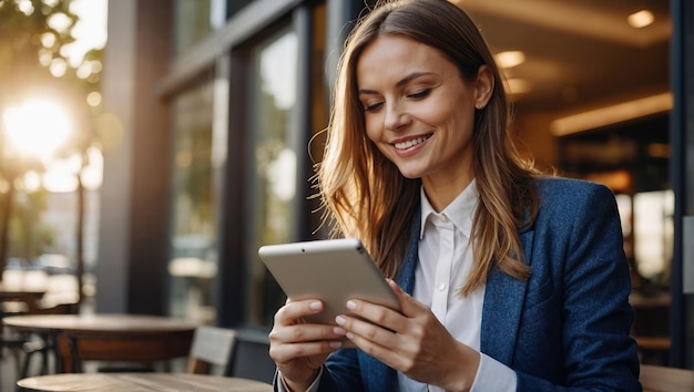 Una mujer de negocios con una computadora portátil o tableta trabaja en un café en la calle cerca de edificios de negocios modernos