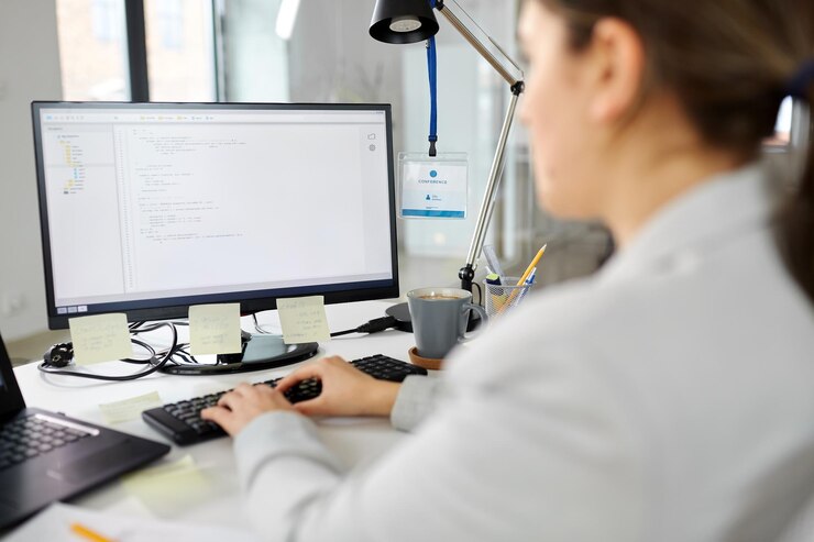 Foto mujer de negocios con computadora trabajando en la oficina
