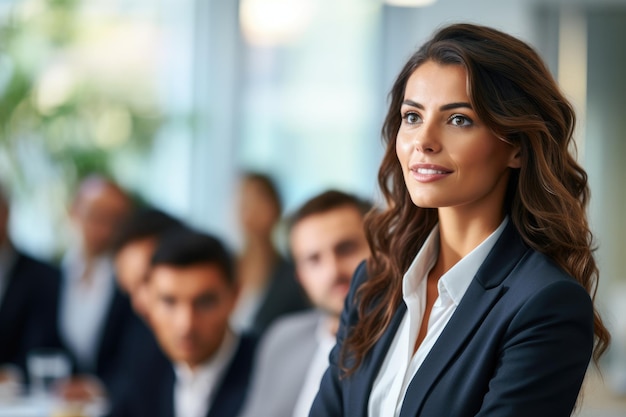 Una mujer de negocios confiada dando una charla en una reunión de negocios