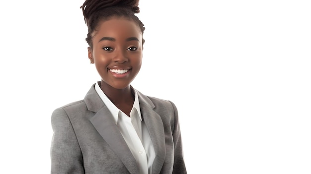 Mujer de negocios confiada sonriendo en traje profesional Retrato de estudio con espacio de copia Ideal para perfiles corporativos AI