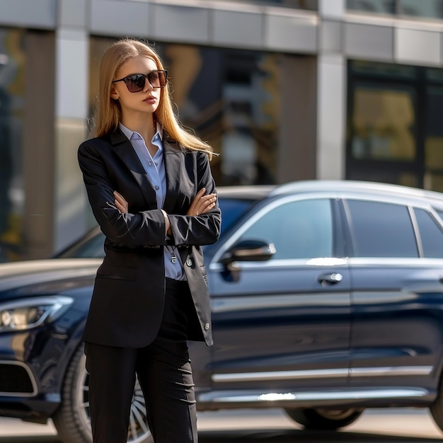 Mujer de negocios confiada en un traje elegante cerca de un coche de lujo