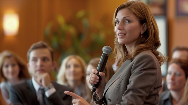 Foto una mujer de negocios dando un discurso motivacional a su equipo en la oficina