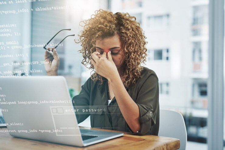 Foto mujer de negocios dolor de cabeza y portátil con estrés en la superposición para la ansiedad tensión o presión en la oficina mujer joven cansada o frustrada y desarrolladora de software con código de migraña o depresión
