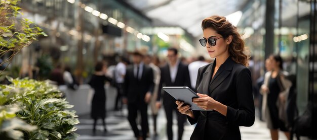 Foto mujer de negocios elegante conectándose con una tableta en la calle