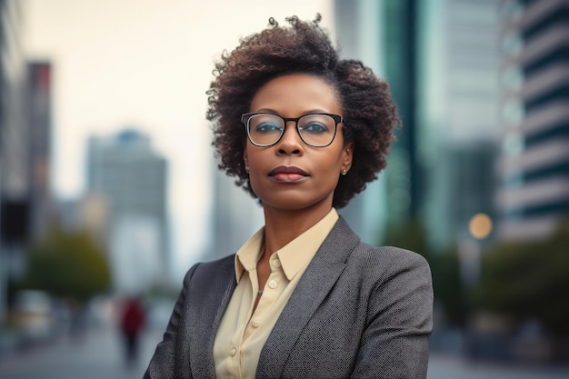 Mujer de negocios elegante en el distrito financiero de la ciudad