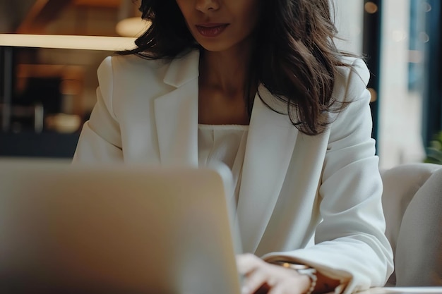 Mujer de negocios enfocada escribiendo en la computadora portátil en la oficina de primer plano Chica navegando por Internet