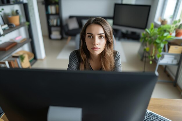 Mujer de negocios enfocada en el escritorio de la oficina de casa trabajando en la computadora con una expresión seria en un espacio de trabajo contemporáneo
