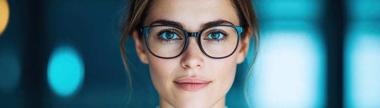 mujer de negocios enfocada con gafas que muestra confianza y profesionalismo en el entorno moderno de la oficina Su expresión refleja determinación y claridad