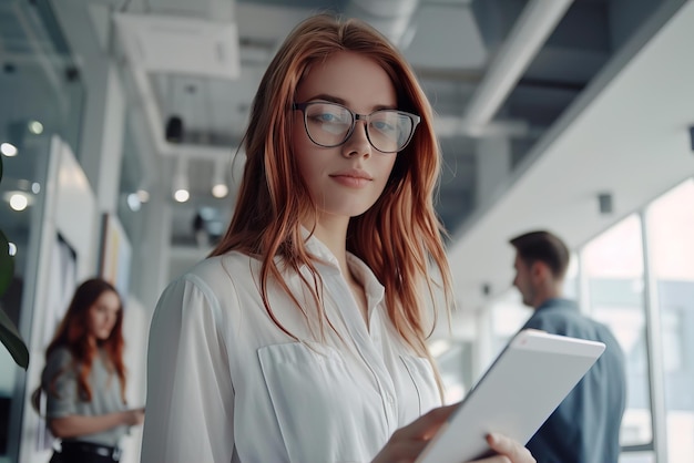 Foto mujer de negocios enfocada con gafas usando una tableta en un espacio de oficina moderno y brillante