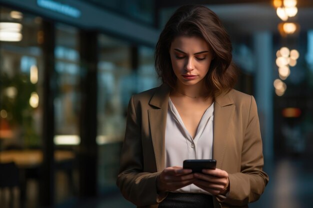 Una mujer de negocios se enfrenta a noticias desgarradoras en su teléfono inteligente