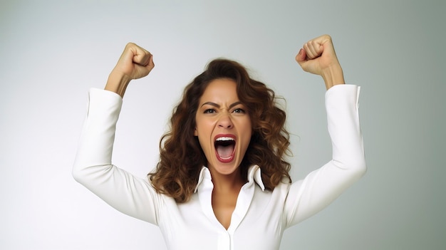 Una mujer de negocios entusiasta con los brazos levantados en la oficina de fondo blanco puro medio de fotografía