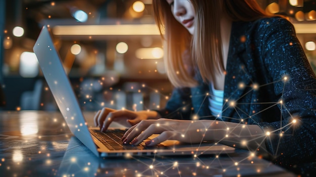 Mujer de negocios escribiendo en una computadora portátil con conexiones de red abstractas