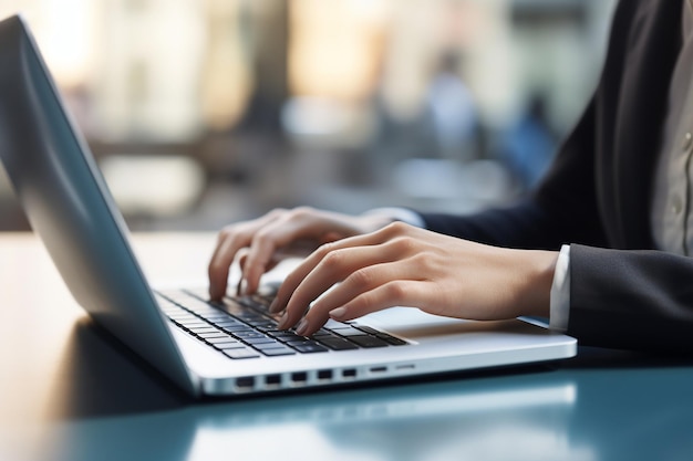 Mujer de negocios escribiendo en una computadora portátil