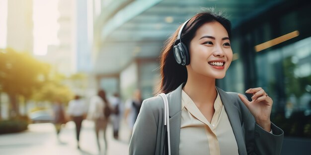 Mujer de negocios escuchando música en auriculares inalámbricos en la calle