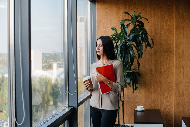 Mujer de negocios está de pie en la oficina cerca de la ventana y está estudiando documentos. Negocios, finanzas, abogado