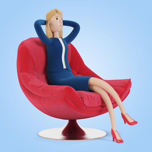 La mujer de negocios está sentada en un hermoso sillón rojo. Ilustración 3D en estilo de dibujos animados.