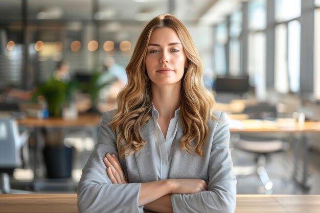 Una mujer de negocios está sentada sola frente a nosotros en medio de un ambiente de oficina caótico