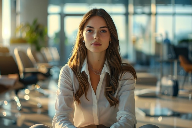 Una mujer de negocios está sentada sola frente a nosotros en medio de un ambiente de oficina caótico