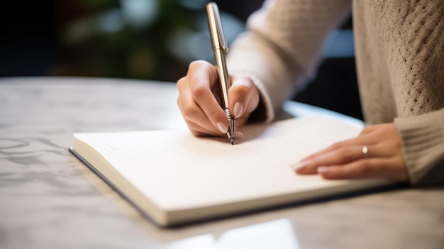 Una mujer de negocios está tomando notas en un cuaderno.