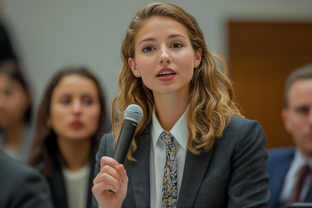 Mujer de negocios estadounidense dando una presentación con el micrófono en la mano