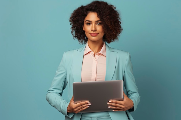 una mujer de negocios de estilo de vida que sostiene una computadora portátil con un fondo de color y espacio de copia