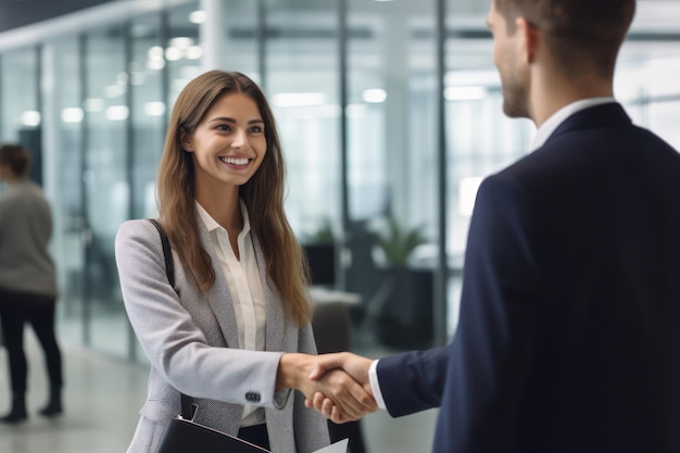 Mujer de negocios estrechando la mano con su socio