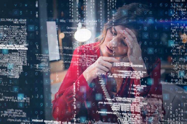Foto mujer de negocios estresada hablando por teléfono en el escritorio modelo 3d