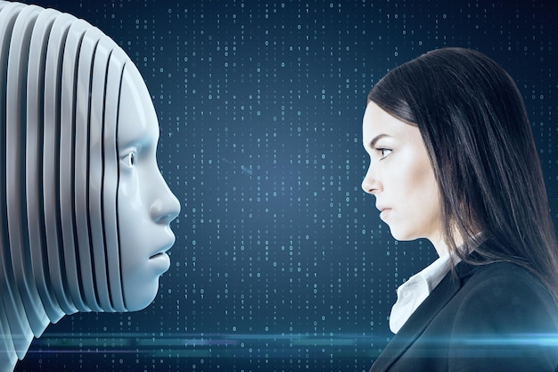 Mujer de negocios europea en busca de una cabeza digital