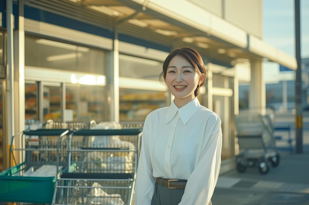 Una mujer de negocios exitosa adorna la entrada de un supermercado