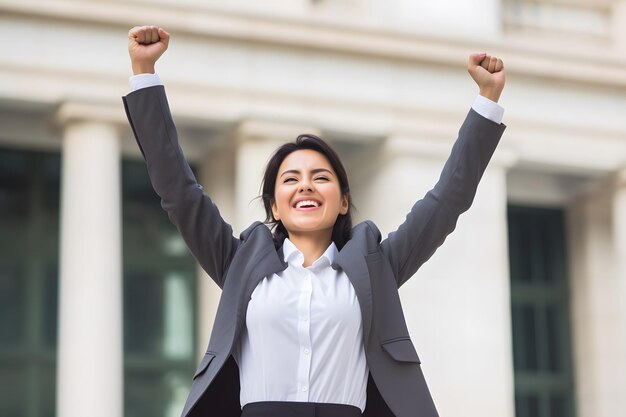 Una mujer de negocios exitosa con los brazos en alto celebrando su victoria