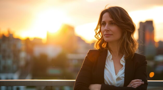 Una mujer de negocios exitosa contemplando invertir en una ciudad moderna al atardecer.