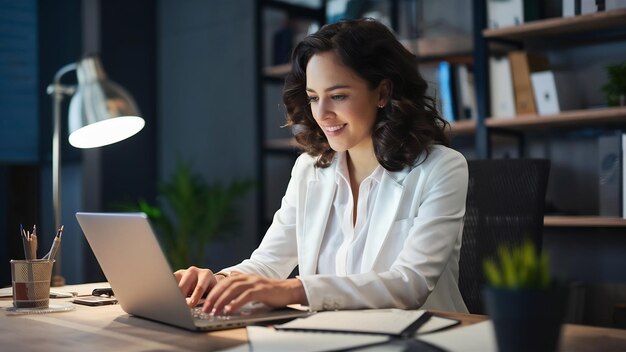 Mujer de negocios exitosa trabajando en una computadora portátil en su oficina vestida de blanco