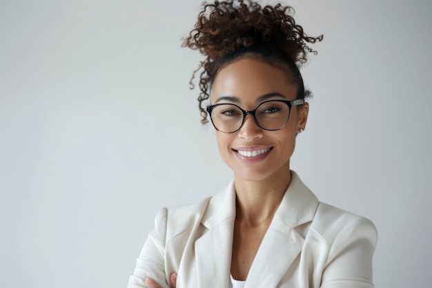Una mujer de negocios exitosa se ve confiada y sonríe sobre un fondo blanco